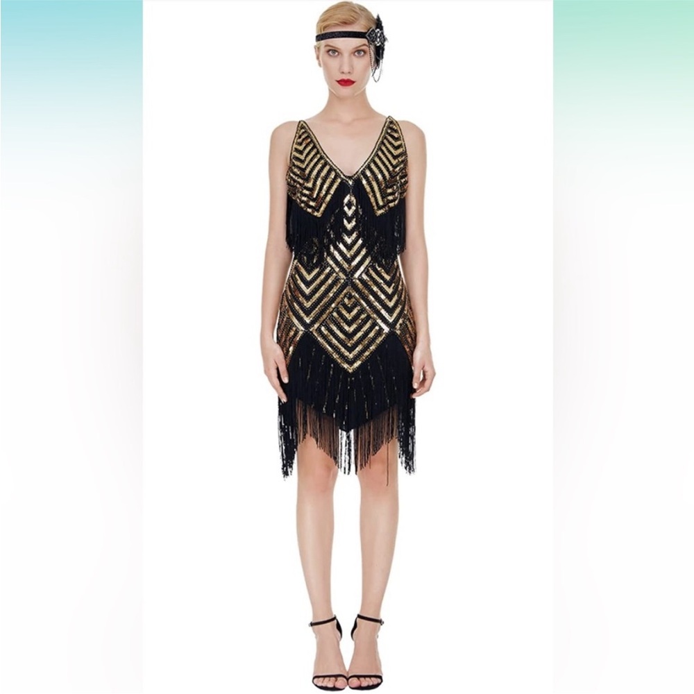 Flapper 1920 Black Gold Fringe Dress Misschen NWOT Small Sequin